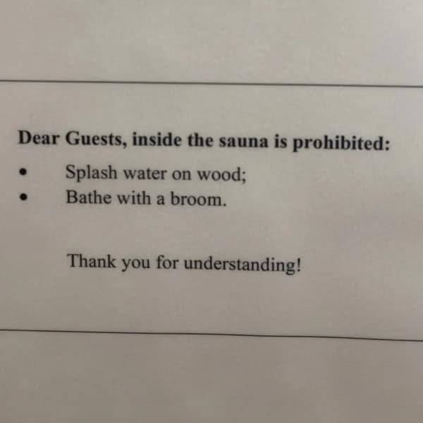 Sauna rules posted on a wall