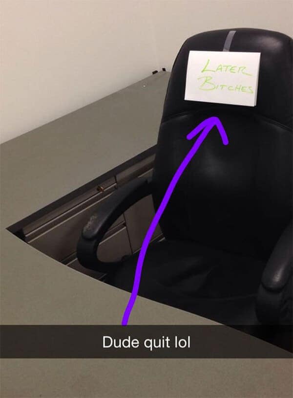 Office chair with a note reading “LATER BITCHES” taped to the backrest, and a purple arrow pointing to it.