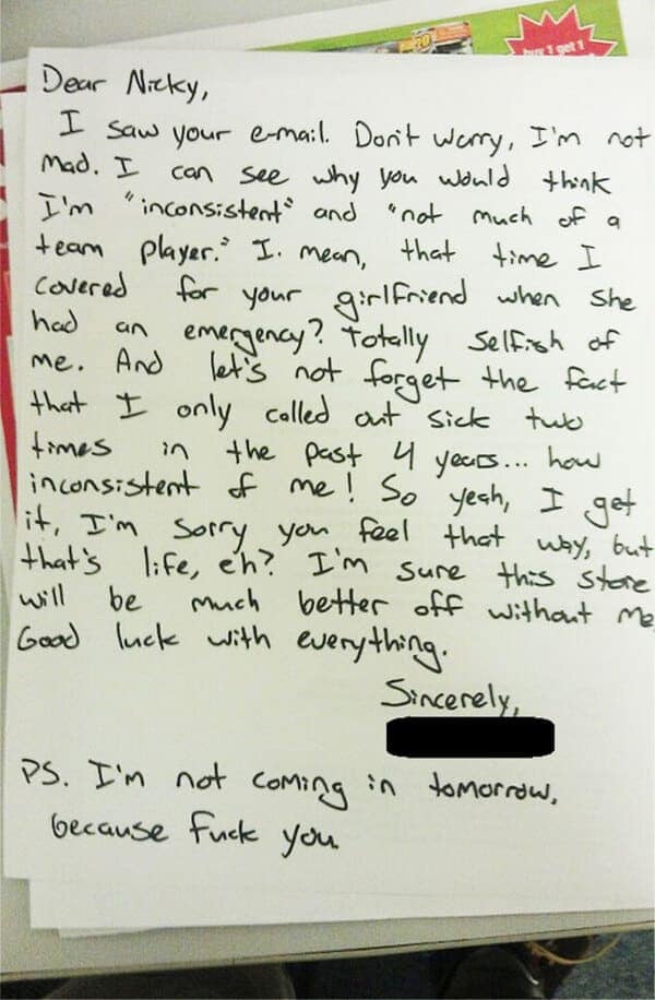 A scathing handwritten letter calling out a manager’s hypocrisy and ending with “I’m not coming in tomorrow, because f*** you.”