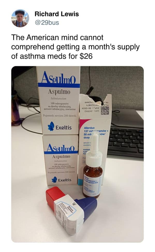 Inhalers and medication boxes on a desk with $26 price tag mentioned.