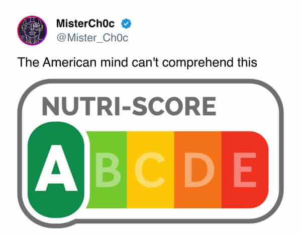 Nutrition label with a color-coded A to E grading system.