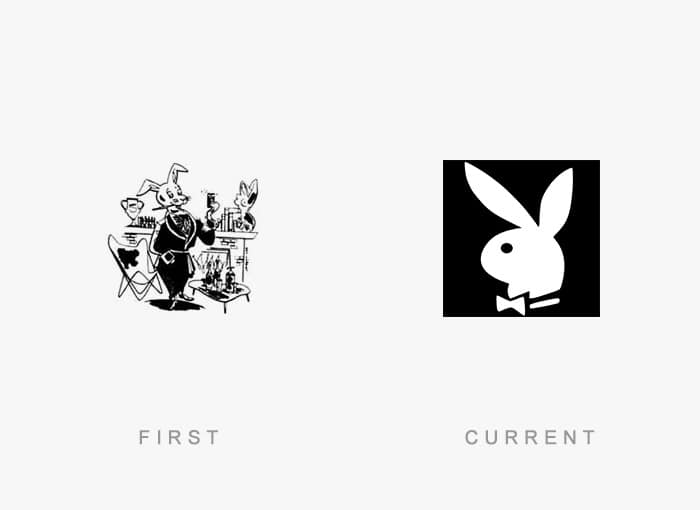 The first Playboy mascot cartoon from 1953 compared to the iconic rabbit head logo.