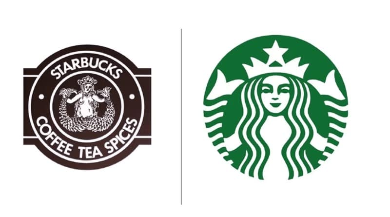 The original brown Starbucks siren logo compared to the modern minimalist green siren design.