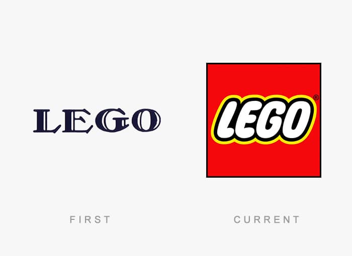 The first simple LEGO wordmark from the 1930s compared to the current red block logo.