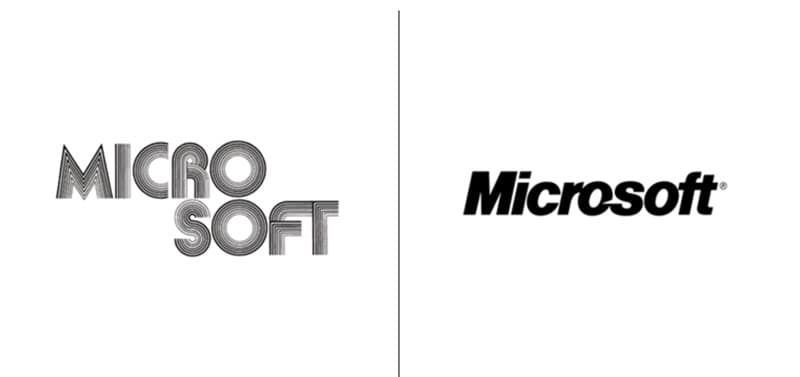 Microsoft's "disco" logo from the 70s compared side-by-side with a later bold italic version.