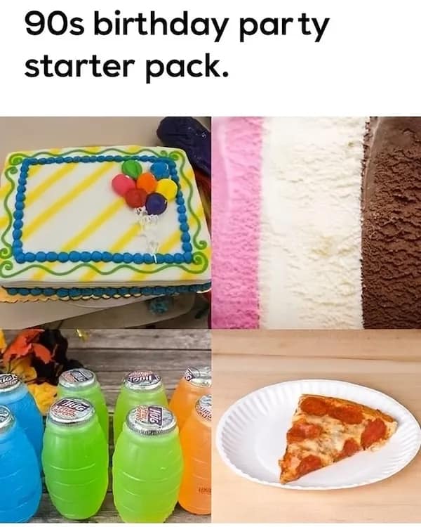 Collage of a 90s birthday party: balloon sheet cake, Neapolitan ice cream, barrel juices, and a pepperoni slice on a paper plate.