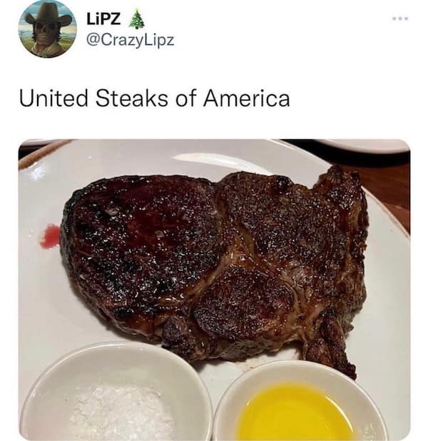 Steak on a plate shaped like the map of the USA, captioned “United Steaks of America.”