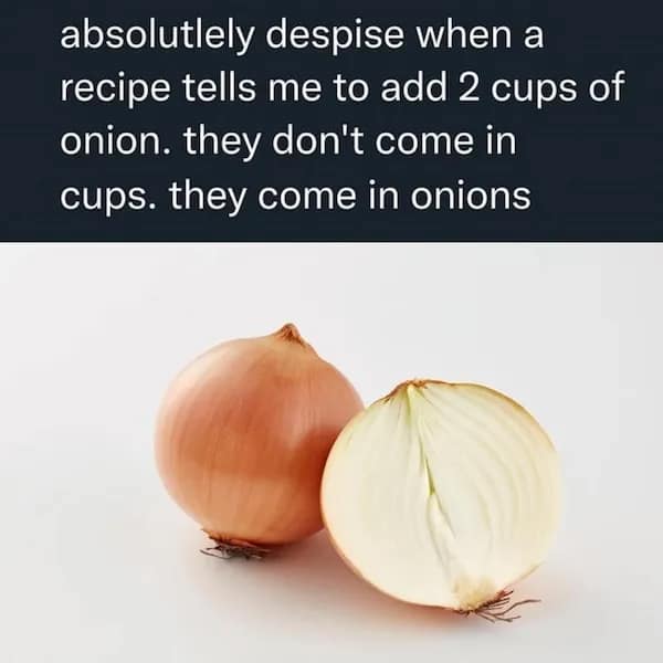 Two onions, one halved, with text complaining that recipes say “2 cups of onion.”