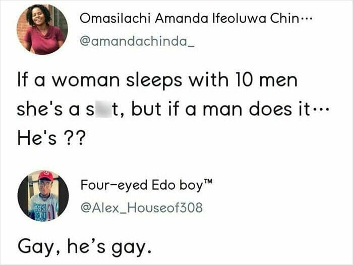 Tweet joke about double standards and sexuality