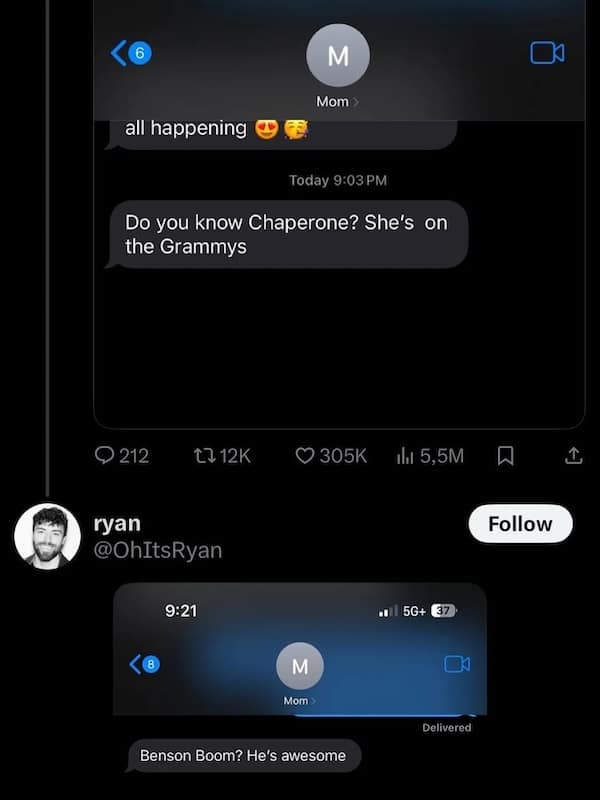Screenshot of a text conversation where a mom asks if the person knows “Chaperone” on the Grammys.