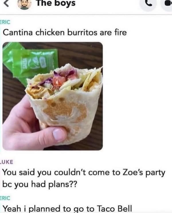 A group chat where someone skips a party for Taco Bell and shares a burrito photo.