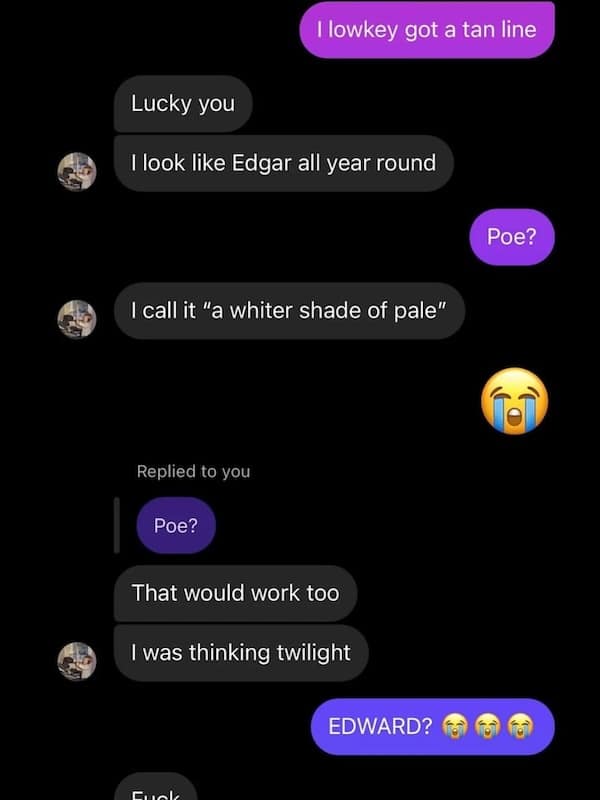 Chat where someone says they look like Edgar, met with confusion and a series of mistaken references