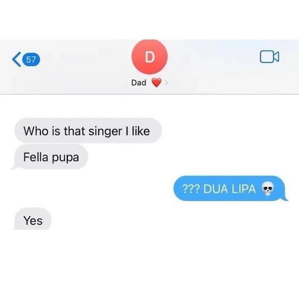 A dad texts “Fella Pupa” trying to remember the name of the singer Dua Lipa.