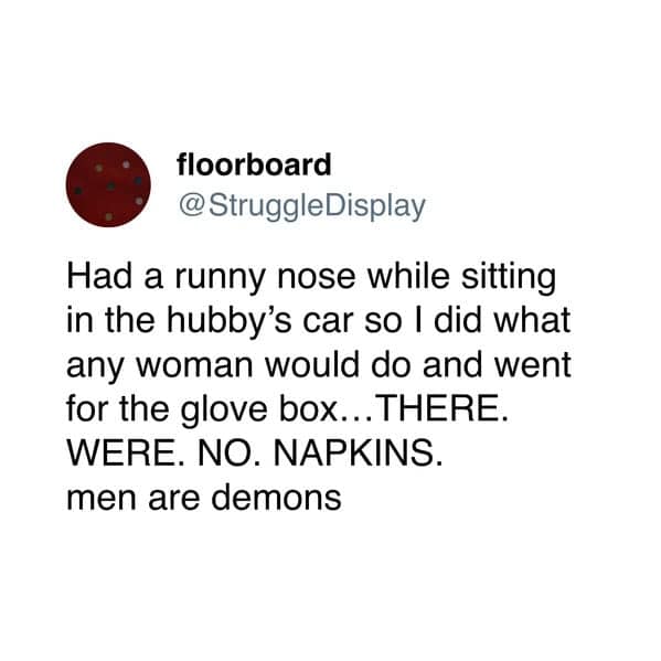 A funny tweet about marriage joking that men are demons for not having napkins in their car.