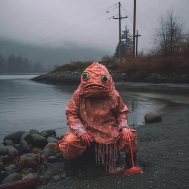 A creepy and funny AI image of a sad man with a fish head sitting on a beach.