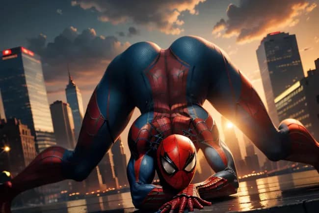 A funny AI image of Spider-Man doing the provocative "Jack-O" pose on a rooftop.