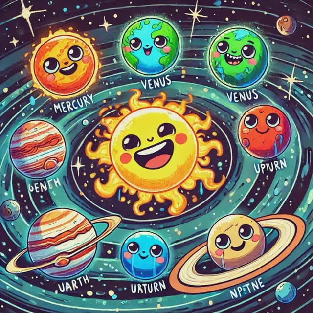 A funny AI image of a cute solar system with planets that are hilariously mislabeled.