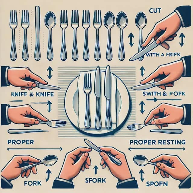 A funny AI image of a bizarre and incorrect diagram explaining how to use cutlery.