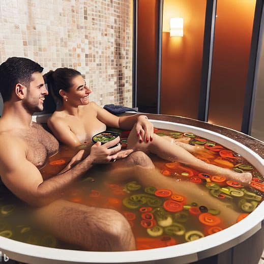 A funny AI image of a couple relaxing in a hot tub that is filled with vegetable soup.