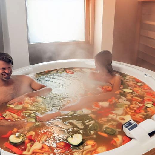 A funny AI image showing a man laughing while relaxing in a hot tub full of minestrone soup.