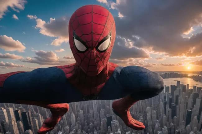 A funny AI image of a very realistic and dynamic selfie taken by Spider-Man over New York City.