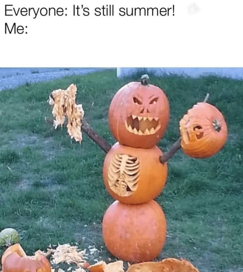 A funny autumn meme showing a pumpkin snowman for people who celebrate Halloween in summer.