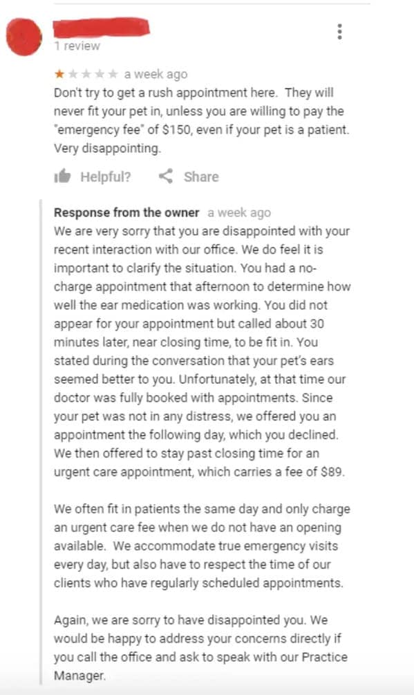 Funny bad review of a vet where the owner exposes the customer for no-showing.