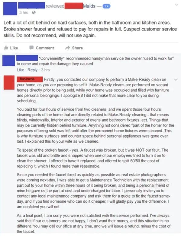 Funny bad review of a maid service where the owner debunks every single false claim.