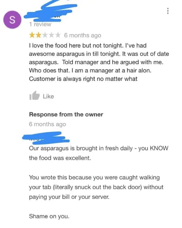 A hilarious bad review where the restaurant owner exposes a customer for trying to dine-and-dash.