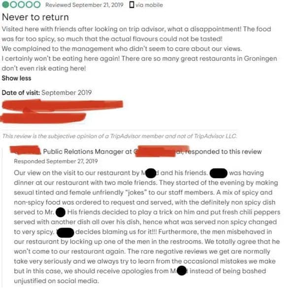 Funny bad review where the owner reveals the customer's friends pranked him with spicy food.