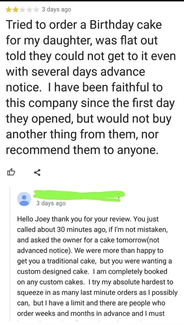 A bakery's funny bad review where a customer's "several days notice" was actually for tomorrow.