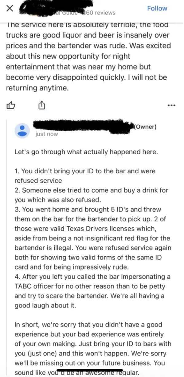 Funny bad review where a bar owner lists every bad thing the rude customer did.