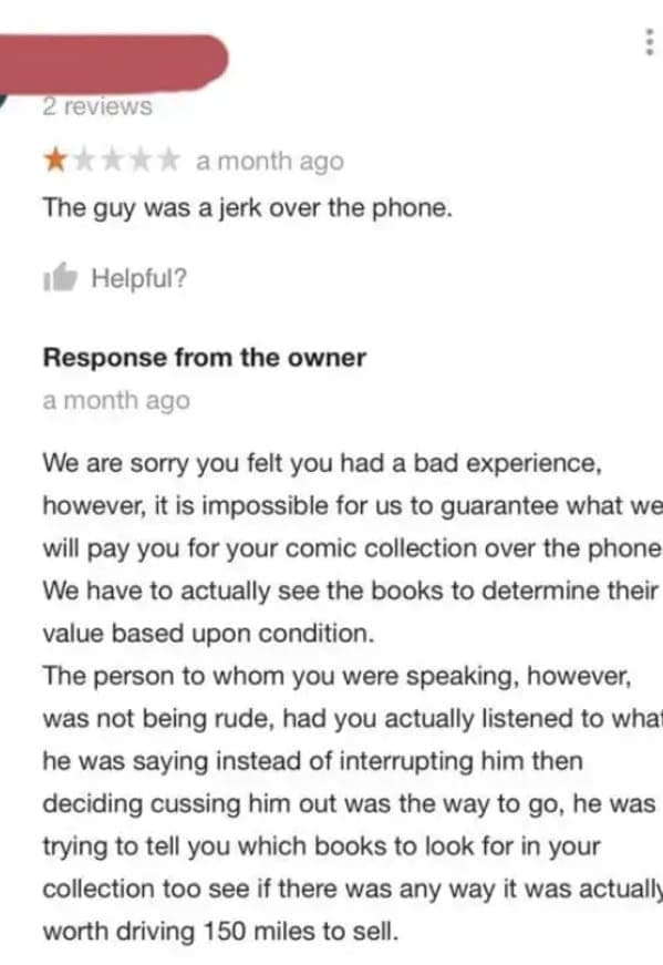 Funny bad review of a comic shop where the "jerk" owner was just being cussed out.