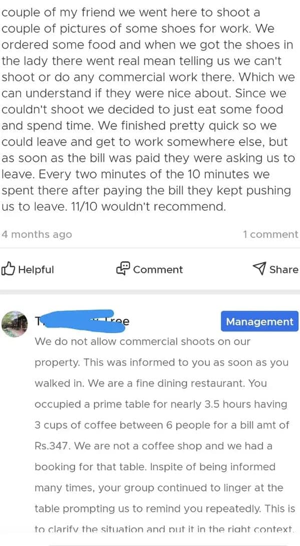 Funny bad review where management exposes customers for holding a table for a commercial shoot.