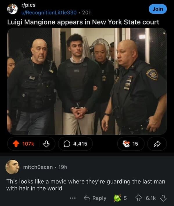 Man in court flanked by police compared to last man with hair on earth.