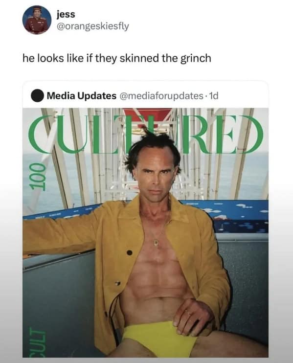 Shirtless man in yellow coat compared to a skinned version of the Grinch.