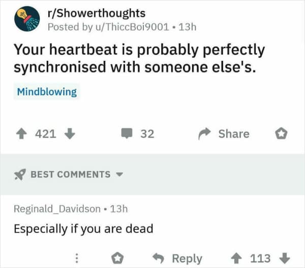 Showerthought about synchronized heartbeats followed by a darkly funny comment.