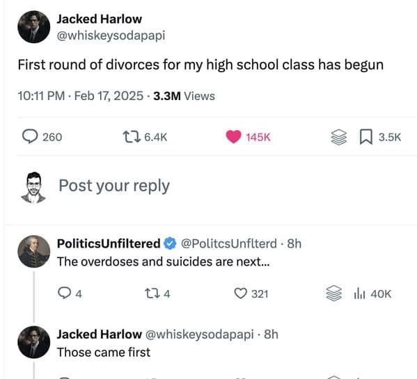 Tweet about first divorces in high school class met with dark follow-up.