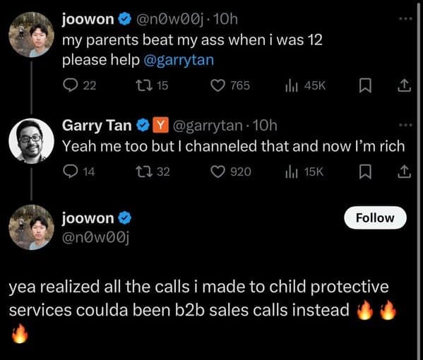 Tweet about parental abuse turned into joke about missed sales calls.