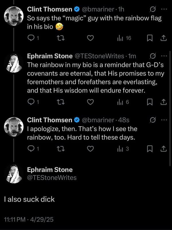 Twitter exchange about rainbow flag ending with unexpected explicit admission.