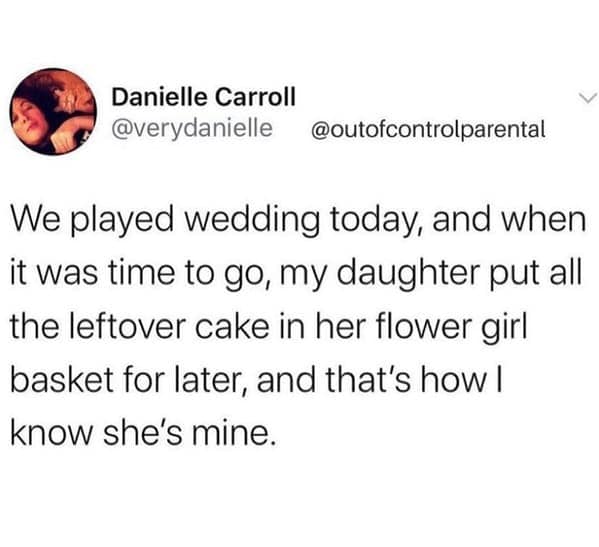 A funny daughter meme from a tweet about a girl saving leftover cake at a wedding.