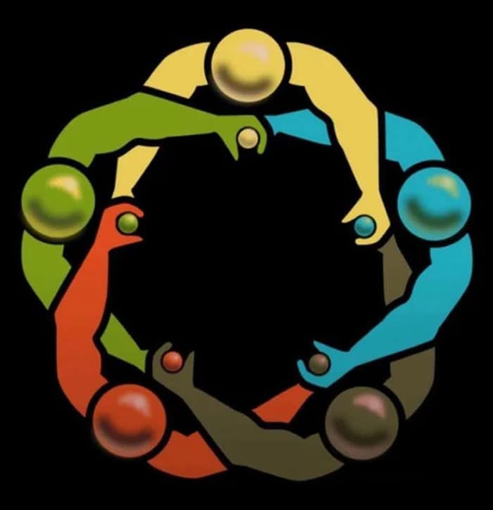 A very unfortunate logo design of colorful figures holding hands in a compromising circle.