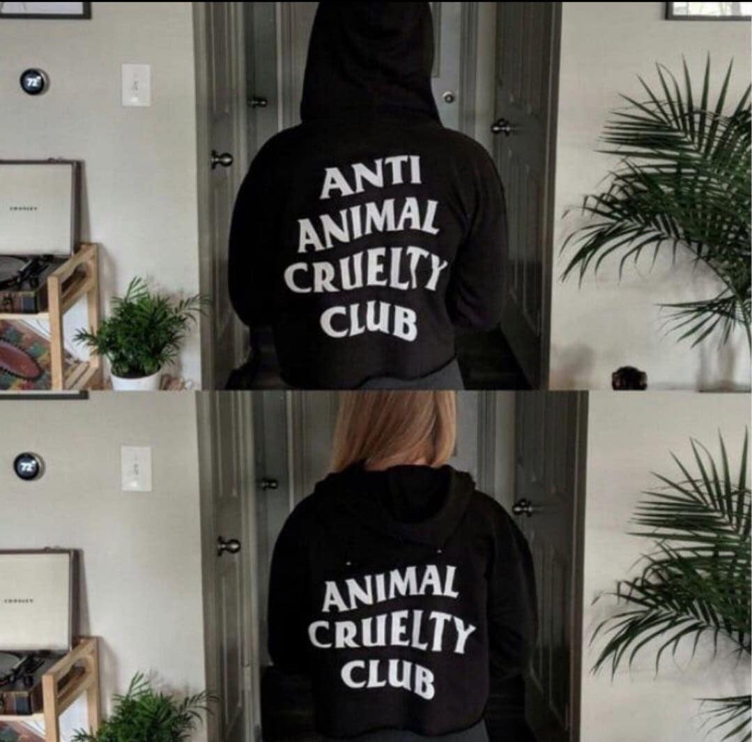 A hoodie design that reads "Anti Animal Cruelty Club" until the hood is down.