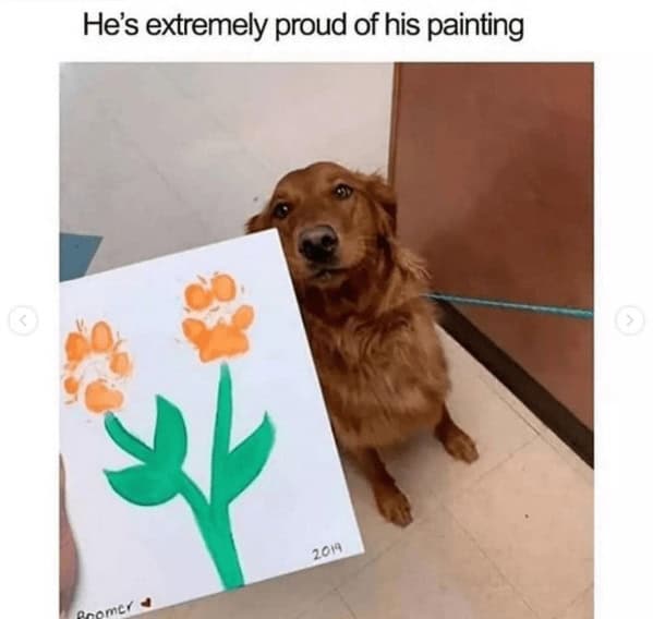 Golden retriever proudly shows pawprint flower painting in funny dog memes post