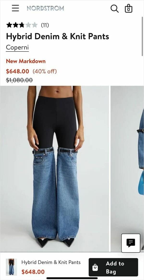 A wild fashion fail showing hybrid denim and knit pants for sale on Nordstrom for $648.
