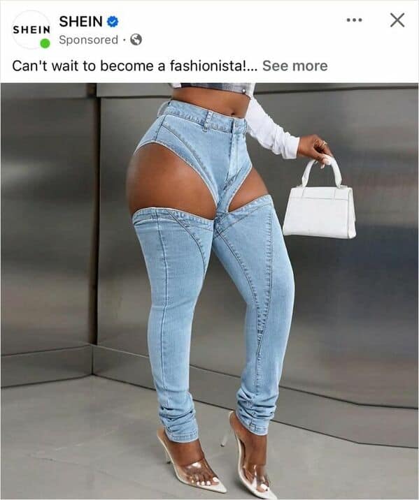 An extreme fashion fail from Shein showing jeans with the entire thigh and hip area cut out.