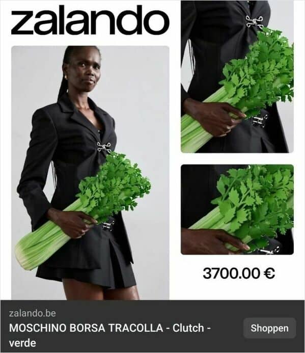 A hilarious fashion fail from Moschino featuring a clutch bag that looks like a giant bunch of celery.