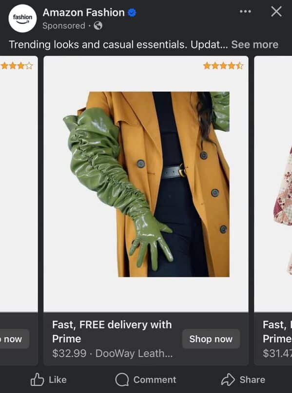 A bizarre fashion fail from an Amazon ad showing bulky, shiny green ruched opera gloves.