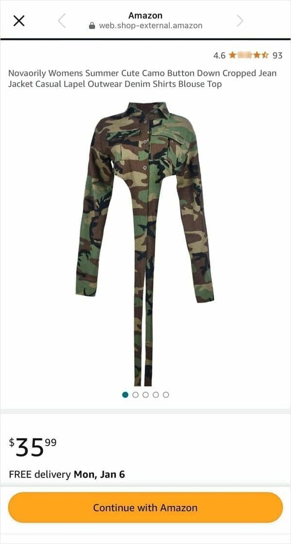 A bizarre fashion fail on Amazon showing a cropped camo jacket with two long, thin tails.