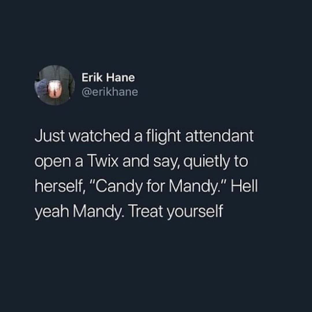 A funny food tweet about a flight attendant named Mandy who gets herself a little candy treat.